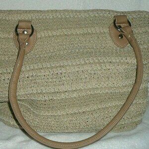 Large Woven Cream Purse Slouch Tote Bag with Matching Wristlet Faux Leather Trim